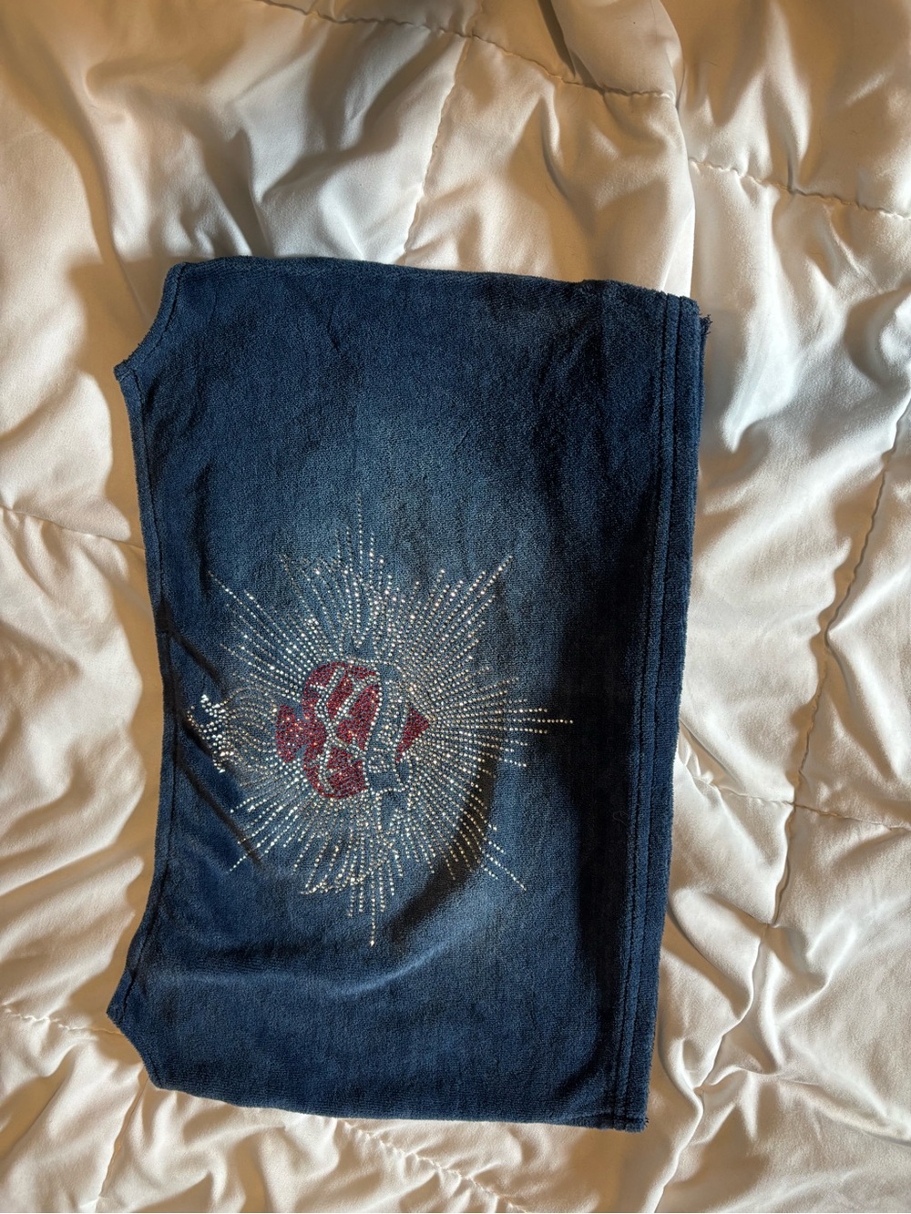 PLAYBOY Dark Blue Denim Jegging Skirt with Rhinestone Burst and Red Accent